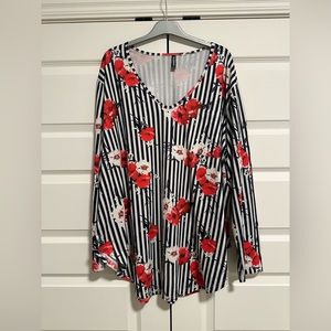 Allegrace Long Sleeve 4X Shirt Black White Stripe with Flowers Front Pocket